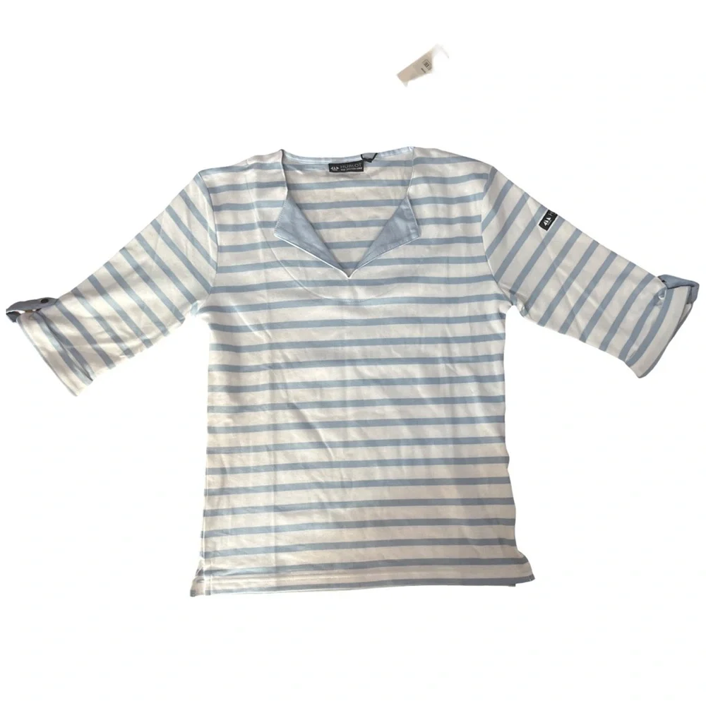 Hublot Light Blue and White Striped 100% Cotton Nautical Top - Picture 1 of 7